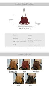 Detailed size chart and multi-color options for suede tassel bucket bag with dimensions