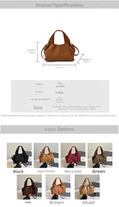 Detailed chart showing PU suede bag dimensions and a gallery of seven vibrant color options