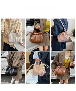 Collage of multi-color pleated bucket bags showing various carrying styles and color options