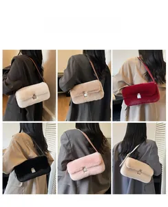 Detail view of the plush shoulder bag showing six color options with metal buckle closure