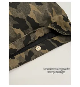 Detail of camoflage canvas bag showing the secure magnetic snap closure and black lining