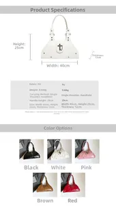 Detailed size chart and multi-color options for the punk style gothic cross handbag