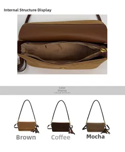 Detail view of suede flap crossbody bag with fringe tassels in brown, coffee, and mocha