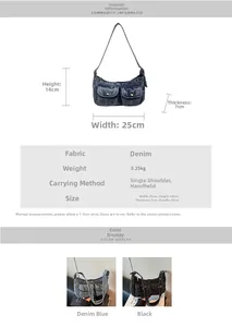 Blue denim motorcycle bag details with dimensions 25x14x7cm and front double pockets