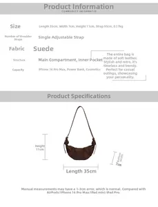 Detailed size specifications for dark brown suede crescent shoulder bag with 35cm length
