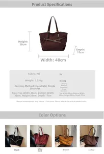 Detailed size chart and dimensions of the large PU leather tote bag with shoulder straps
