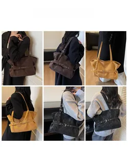 Suede tote bag shown in multiple angles including shoulder and hand-carry style