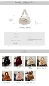 Detailed size specifications and material chart for the plush crossbody bucket bag