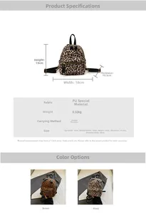 Detailed specs of leopard print PU backpack showing dimensions 18x19x10.5cm and colors