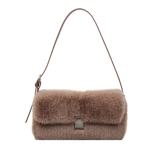 Minimalist winter plush crossbody bag with brown faux fur and gold buckle closure