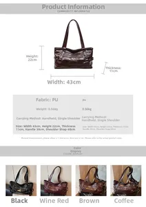 Detailed chart showing dark brown PU leather tote bag dimensions and color options
