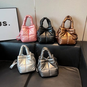 Women Quilted Puffer Handbag Metallic Oxford Cloth Plaid Padded Crossbody Shoulder Bag Lightweight Autumn Winter Fashion