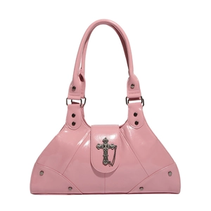 Pink patent leather tote bag with silver cross charm and Y2K rivet shoulder straps