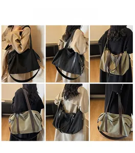 Detailed views of high-capacity canvas tote bag with leather straps on models