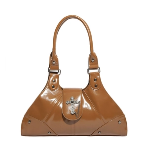 Brown patent leather tote bag with vintage silver cross and gothic rivet details