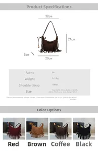 Detailed size chart and specifications for vintage tassel crossbody bag with PU material info