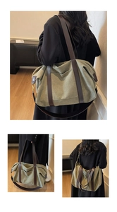 Three-way view of olive canvas tote bag showing shoulder, cross-body and hand-carry use