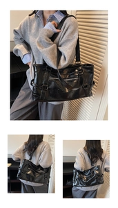 Detail of black glossy PU leather tote bag featuring Noromoro embossed logo and silver buckles
