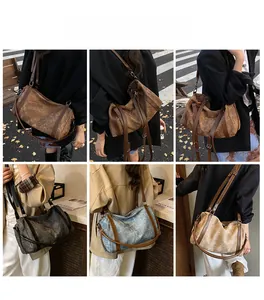 Detailed views of multi-color vintage canvas crossbody bags with adjustable straps
