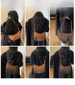 Detailed views of a brown suede crescent bag with long tassels on a model's shoulder