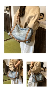 Multiple views of a blue canvas Boston bag with brown leather trim worn by a model