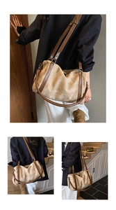 Retro khaki canvas tote bag with brown leather handles and large capacity detail