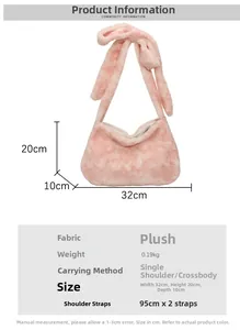 Detailed dimension chart for pink plush bucket bag showing size 32x20x10cm and straps