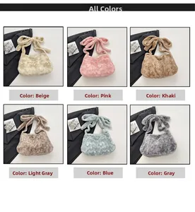 Detail view of plush shoulder bags in six colors with stylish bow strap design