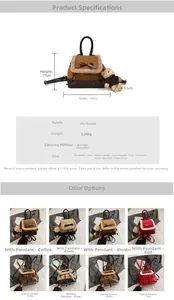 Detailed size chart and color specifications for the mini plush bow backpack