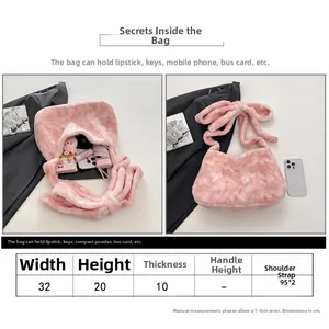 Tableau des tailles détaillé pour sac bandoulière en peluche rose avec dimensions