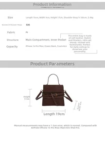 Cuadro de tallas para bolso vintage de ante marrón con dimensiones y capacidad del interior