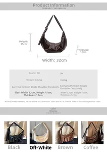 Detailed size specifications and material chart for the soft PU leather crescent moon bag
