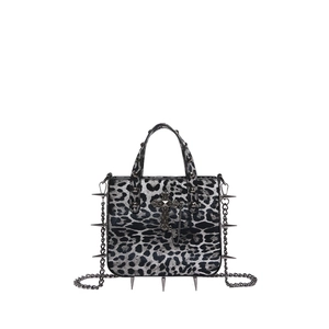 Gothic punk leopard print tote bag with metal spikes, cross pendant and chain strap