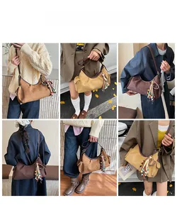 Vues détaillées du sac hobo en daim vintage avec glands en perles de bois et poche latérale