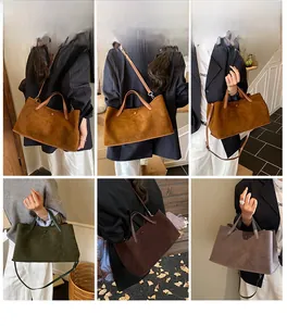 Collage of large matte suede tote bags in brown and olive green with snap button closure
