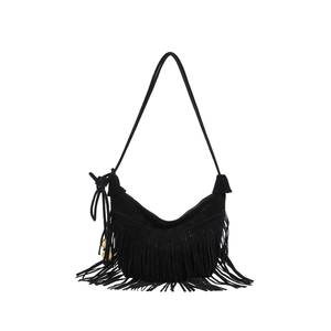 Chic black faux suede tassel hobo bag with bohemian fringe and golden bead details