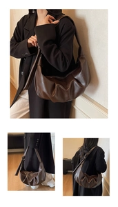 Three-angle views showing the soft pleated texture and hobo shape of the coffee brown bag