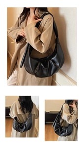 Detailed views of a black soft PU leather dumpling bag with knotted shoulder straps
