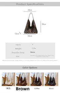 Size chart showing large rivet tote bag dimensions 38x35x13cm in four classic colors