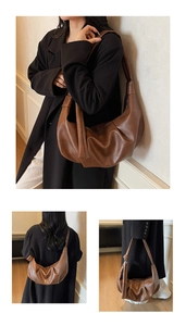 Three-way view of a large brown pleated leather hobo bag showing carry style and drape
