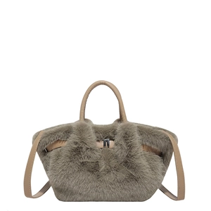 Furry winter plush handbag in taupe faux fur with top handle and crossbody strap