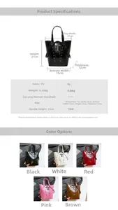 Detailed size chart and parameter guide for the studded punk style bucket handbag