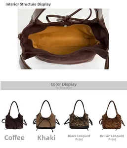 Interior storage view and four color options of leopard print suede tote bag for women