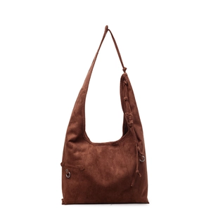 Borsa hobo in pelle scamosciata marrone con cuciture decorative e anello metallico