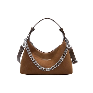 Borsa a mano vintage in camoscio marrone con catena in metallo e logo inciso