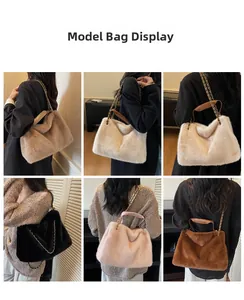 Sac à main en fausse fourrure pour femme avec chaîne porté par un mannequin stylé