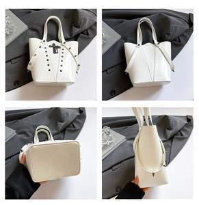Detailed views of a white bucket bag with cross studs and rivets from multiple angles