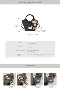 Size chart for autumn denim tote bag showing dimensions, materials and styling options