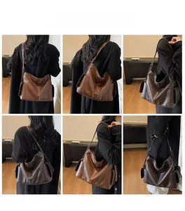 Vues multiples d'un sac cabas vintage en cuir marron avec poches latérales pour femme