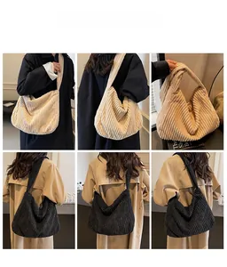Detailed views of black and beige corduroy tote bags shown from various styling angles